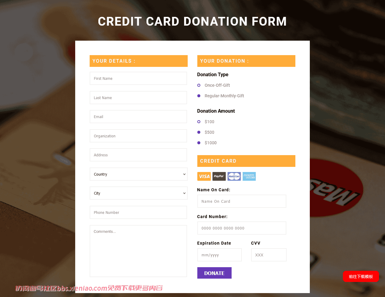 信用卡捐款表单响应式网页模板免费下载html-血鸟社区