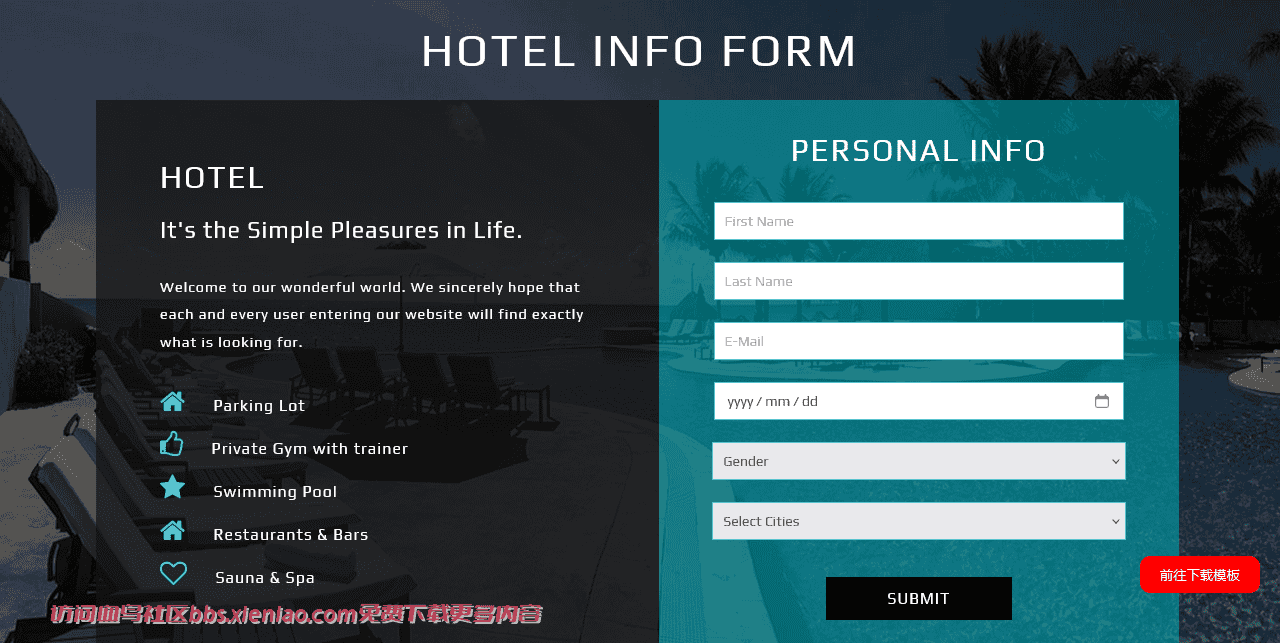 酒店预订信息提交表单响应式网页模板免费下载html-血鸟社区