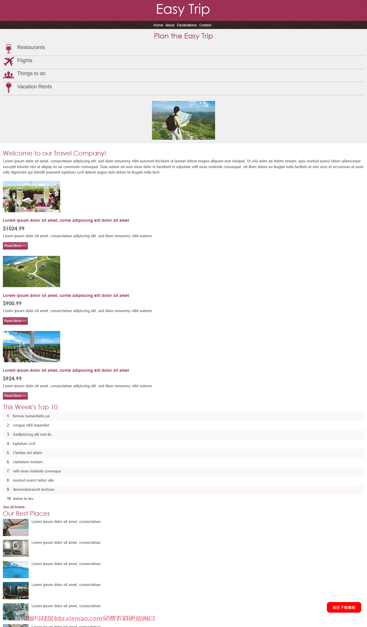 玫红色简单旅行计划网页模板免费下载html-血鸟社区